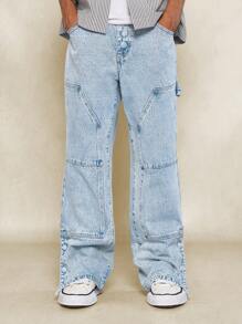 SUMWON 洗水喇叭裤版型 Carpenter 牛仔裤，带纽扣侧开衩 - 藍色 - 查看 1