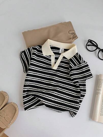 SHEIN LMoss Kids 男婴可爱休闲趣味罗纹针织条纹 Polo 短袖上衣，适合夏季居家、户外、旅行