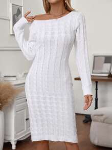 SHEIN Clasi فستان كنزة صوفية مضفر أساسي أكمام طويلة رقبة طاقم لون أحادي للسيدات, للارتداء اليومي العادي