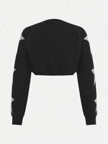 Teen Girls Star Patterned Long Sleeve Short Cropped Cardigans Streetwear Knitted Sweaters - Black - View 2