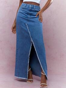 MISSGUIDED Raw Hem Slit Front Long Maxi Denim Skirt - Blue - View 5