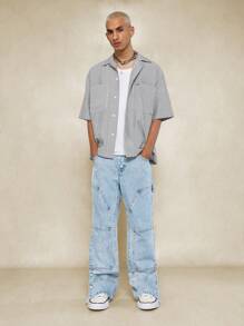 SUMWON 洗水喇叭裤版型 Carpenter 牛仔裤，带纽扣侧开衩 - 藍色 - 查看 3