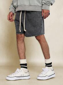 SUMWON Washed Denim Drop Crotch Short With Contrast Drawstring - Black - View 2