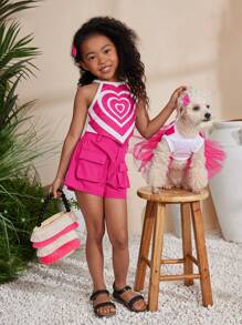 SHEIN Bộ áo hai dây đan và quần short dệt trơn màu thời trang Chekora Music Festival Xuân/Hè cho bé gái SLAYR KIDS - Màu Hồng Tươi - Xem 7