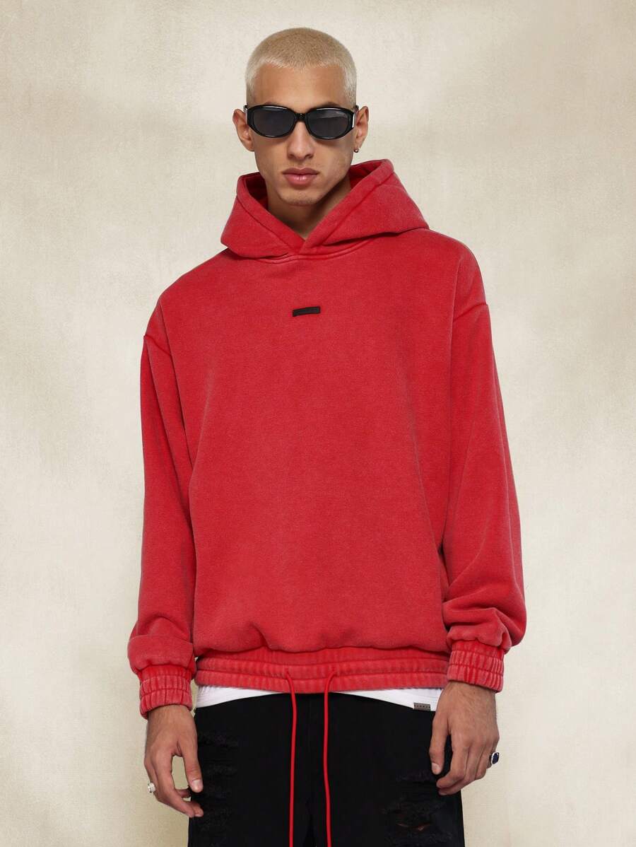 SUMWON Oversized Cotton Fleece Drawstring Hoodie Sweatshirt Athleisure Streetwear Kangaroo Pocket Elastic Hem Fall Winter Sport Urban Basic - Red - View 1