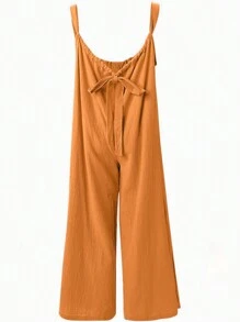 SHEIN Overall Kasual Longgar Kaki Lebar Saku Bertali Warna Polos Musim Panas untuk Wanita Ukuran Besar - Jeruk - View 3