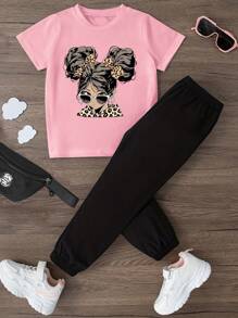 2 件套 女童卡通印花短袖 T 恤和裤子夏季服装 - 淺粉色 - 查看 1