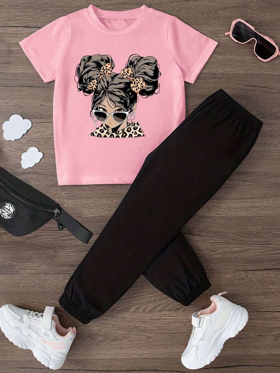 2 件套 女童卡通印花短袖 T 恤和裤子夏季服装 - 淺粉色 - 查看 1