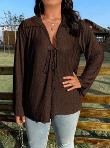 SHEIN LUNE Plus Size Loose Casual Drawstring Long Sleeve Shirt With Relaxed Design Fall Cloth For Women - Brown - View 4