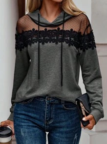 Women Hooded Drawstring Contrast Mesh Long Sleeve Stylish Design Sweatshirt,Long Sleeve Tops Pullover Fall - Dark Grey - View 3