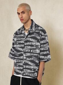 SUMWON Boxy Fit Crop Denim Shirt With All Over Text Graphic Print - Black and White - View 1