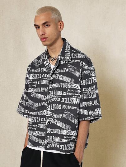 SUMWON Boxy Fit Crop Denim Shirt With All Over Text Graphic Print
