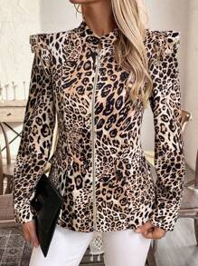 SHEIN Clasi Leopard Print Ruffle Hem Long Sleeve Pocket Jacket - Brown - View 5