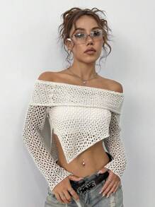 SHEIN Unity 女士纯色简约日常露肩长袖毛衣，针织套头衫，秋冬款 - 米色 - 查看 3