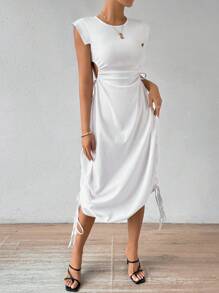 Chiquease Solid Color Round Neck Hollow Out Waist Drawstring Dress