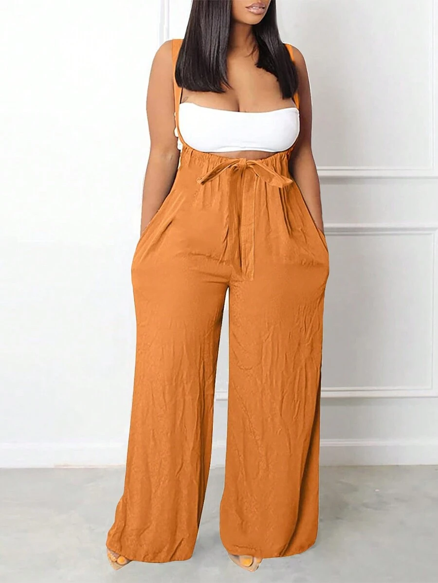 SHEIN Overall Kasual Longgar Kaki Lebar Saku Bertali Warna Polos Musim Panas untuk Wanita Ukuran Besar - Jeruk - View 1
