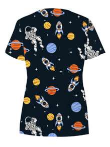 PopScrub Cartoon Astronaut Rocket Print V-Neck Short Sleeve Nurse Uniform Top, Scrub Tops - Multicolor - View 2