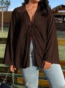 SHEIN LUNE Plus Size Loose Casual Drawstring Long Sleeve Shirt With Relaxed Design Fall Cloth For Women - Brown - View 3