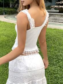 Soleia Women's White Knitted Top,Summer Tropical Vacation Picnic Lace Overlay Asymmetrical Tops,Front Tie & Bow Knot Early Autumn Holiday Clothes - Apricot - View 2