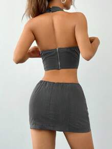 SHEIN EZwear 2pcs Women's Bowknot Backless Crop Top And Figure-Flattering Skirt Suit - Grey - View 2