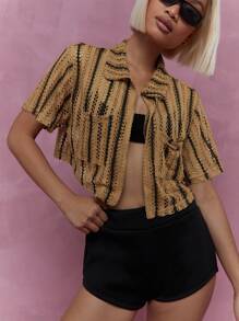 MISSGUIDED Crochet Knit Short Sleeved Jacket With Pockets - Khaki - View 3