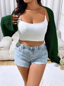 Flirla Women Plus Size Solid Color Bell Sleeve Short Bolero Cardigan - Dark Green - View 5