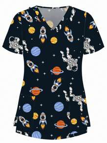 PopScrub Cartoon Astronaut Rocket Print V-Neck Short Sleeve Nurse Uniform Top, Scrub Tops - Multicolor - View 3