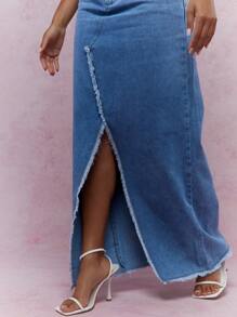 MISSGUIDED Raw Hem Slit Front Long Maxi Denim Skirt - Blue - View 3