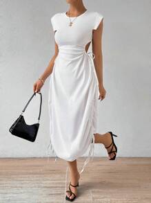 Chiquease Solid Color Round Neck Hollow Out Waist Drawstring Dress