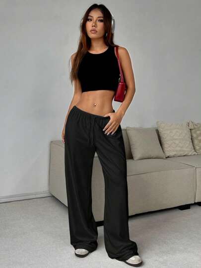 SHEIN EZwear Quần nỉ đơn giản buộc dây phía trước màu trơn cỡ lớn
