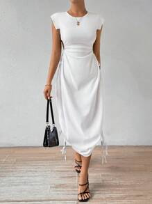 Chiquease Solid Color Round Neck Hollow Out Waist Drawstring Dress