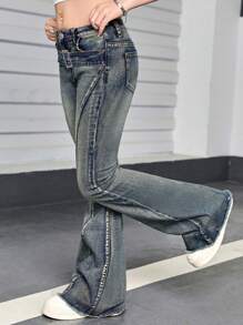 SHEIN Y2K Low-Waisted Retro Washed Flared Denim Jeans With Button Fly Slanted Pocket For Teen Girls Outfits ,Boot Cut Jeans - Dark Wash - View 3