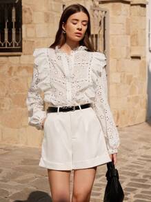 Enchnt Áo sơ mi dài tay màu trơn đơn giản dành cho nữ - trắng - Xem 1