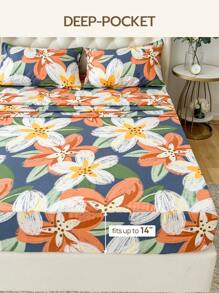 4件套100%涤纶印花床上用品套装（2个枕套+1个床单+1个床笠），现代涤纶床上用品套装，四季皆宜 - 彩色 - 查看 6