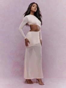 MISSGUIDED Vestido largo de gasa asimétrico con volantes, cintura recortada y mangas largas en estilo bohemio - Rosa Pálido - Ver 4