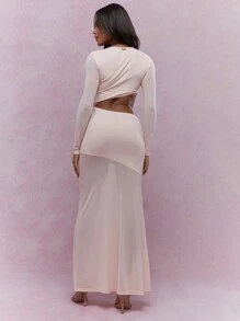 MISSGUIDED Vestido largo de gasa asimétrico con volantes, cintura recortada y mangas largas en estilo bohemio - Rosa Pálido - Ver 2