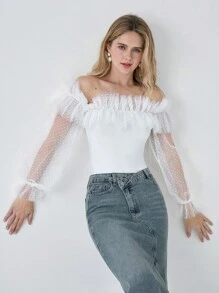 Enchnt Bộ đồ liền thân hở vai công chúa trắng lãng mạn gợi cảm mùa hè cho nữ & ngày hẹn hò ngọt ngào & ngày hẹn hò hàng ngày - trắng - Xem 3