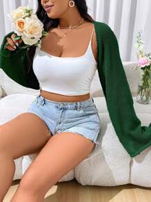 Flirla Women Plus Size Solid Color Bell Sleeve Short Bolero Cardigan - Dark Green - View 4