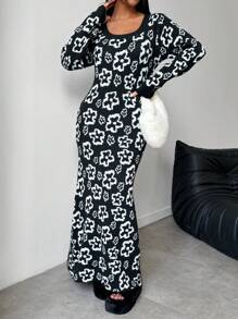 Chiquease Women's Floral All-Over Print Crew Neck Long Sleeve Casual Long Sweater Dress Fall Cloth For Women - Multicolor - View 5