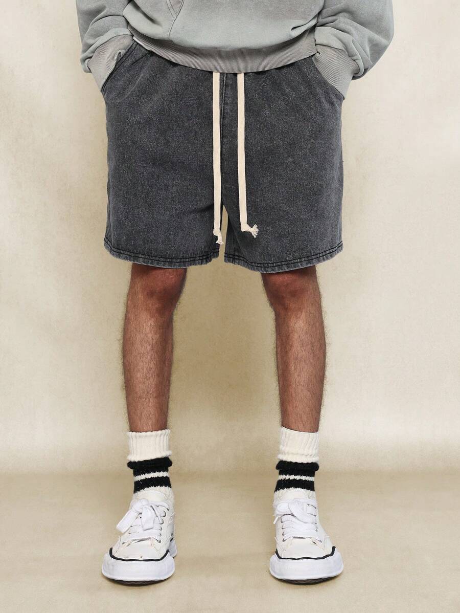 SUMWON Washed Denim Drop Crotch Short With Contrast Drawstring - Black - View 1