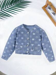 Girls' Lovely Flower Patterned Retro Jacket For Outerwear, Jeans Match - Light Wash - View 1