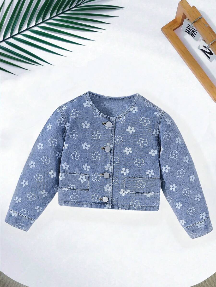 Girls' Lovely Flower Patterned Retro Jacket For Outerwear, Jeans Match - Light Wash - View 1