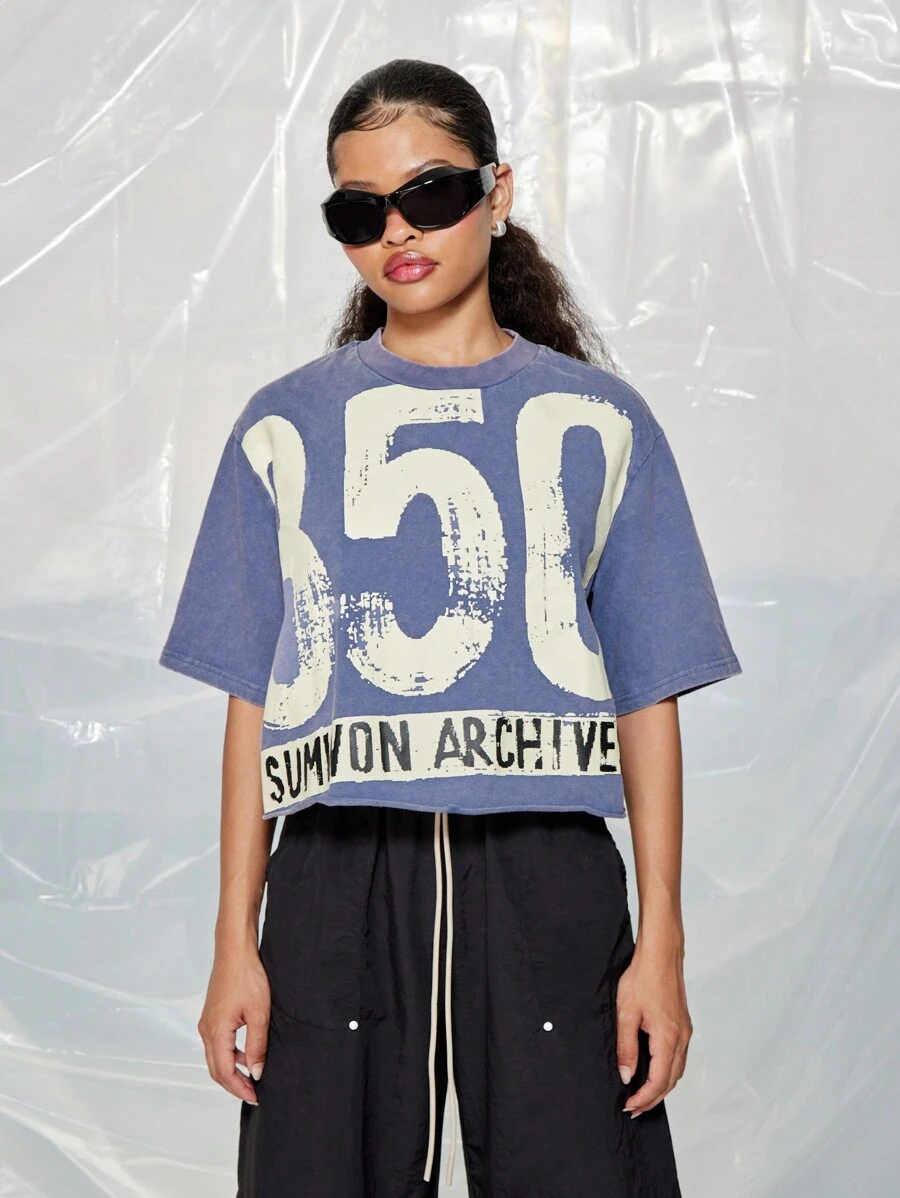 SUMWON WOMEN Street Washed Boxy Raw Edge Hem Tee With Large Graphic Print - Blue - View 1