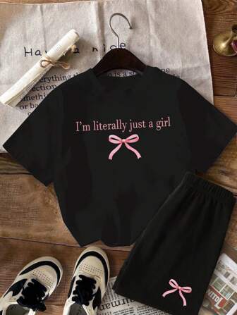 Tween Girl 2pcs/Set Comfortable Knit Short Sleeve T-Shirt & Shorts Set , Casual Everyday Wear