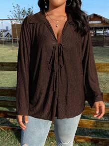 SHEIN LUNE Plus Size Loose Casual Drawstring Long Sleeve Shirt With Relaxed Design Fall Cloth For Women - Brown - View 8