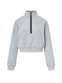 SHEIN Áo nỉ ngắn tay dài có khóa kéo nửa thân màu trơn dành cho nữ, Thu/Đông, Áo dài tay - Màu Xám nhạt - Xem 4