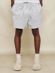 SUMWON Drop Crotch Short With Los Angeles Print - Light Grey - View 1