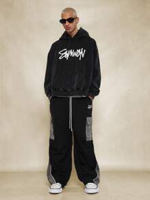 SUMWON Loose Fit Baggy Colour Block Parachute Cargo Pant With Drawstring & Contrast Piping Detail - Black - View 3
