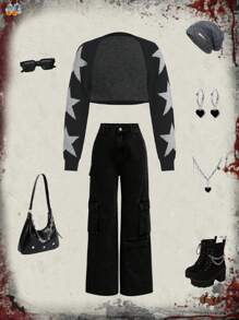 Teen Girls Star Patterned Long Sleeve Short Cropped Cardigans Streetwear Knitted Sweaters - Black - View 1