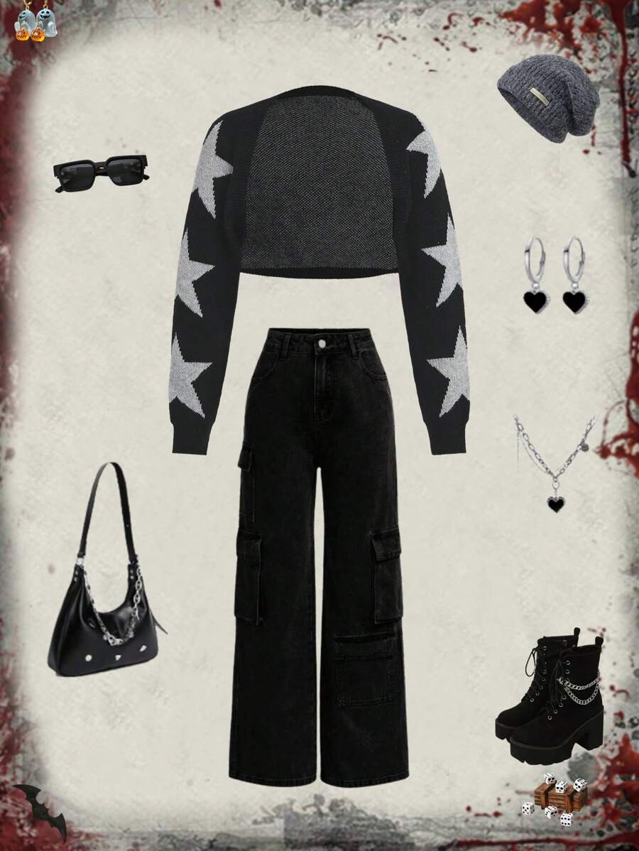 Teen Girls Star Patterned Long Sleeve Short Cropped Cardigans Streetwear Knitted Sweaters - Black - View 1